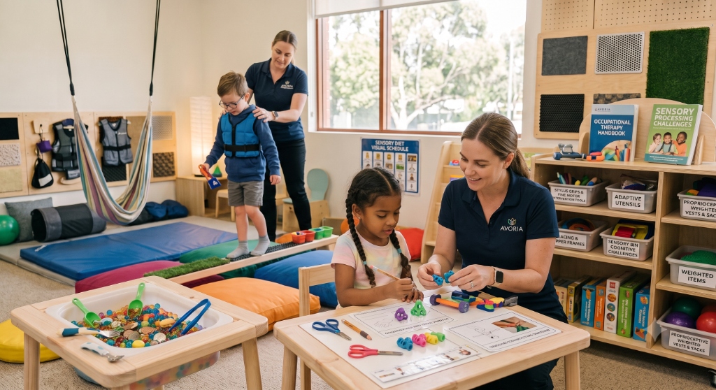 An Occupational Therapist working with children in a sensory and motor skill room