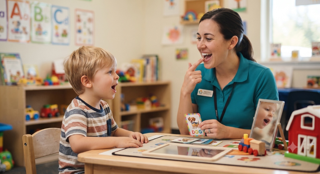 A registered Speech-Language Pathologist working interactively with a young child using picture cards and a mirror